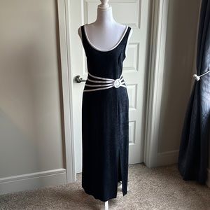 Size 10. Joseph Ribkoff Sleeveless Navy Blue Dress with White Accents.